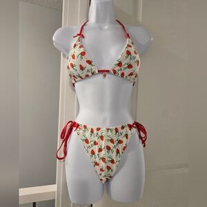 NWT Betsey Johnson Red and White Strawberry Print Bikini Swimwear. Size L.